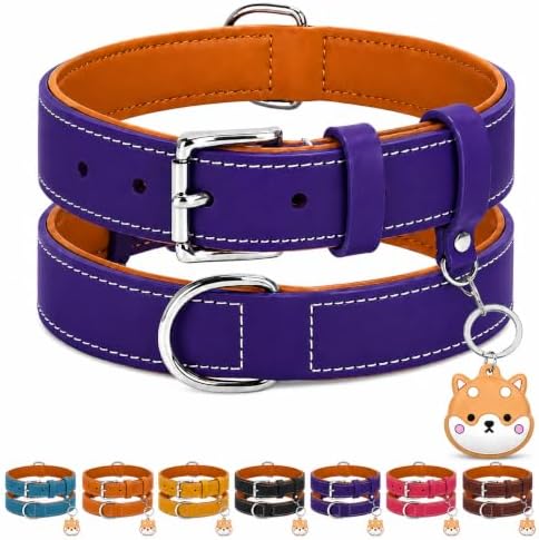 Genuine Leather Dog Collar, Soft Padded Leather Dog Collars with Airtag Holder Case for Small Medium Large X-Large Dogs,Comfort Heavy Duty Pet Collar with Durable Metal Buckle & D-Ring-Dark Purple/M
