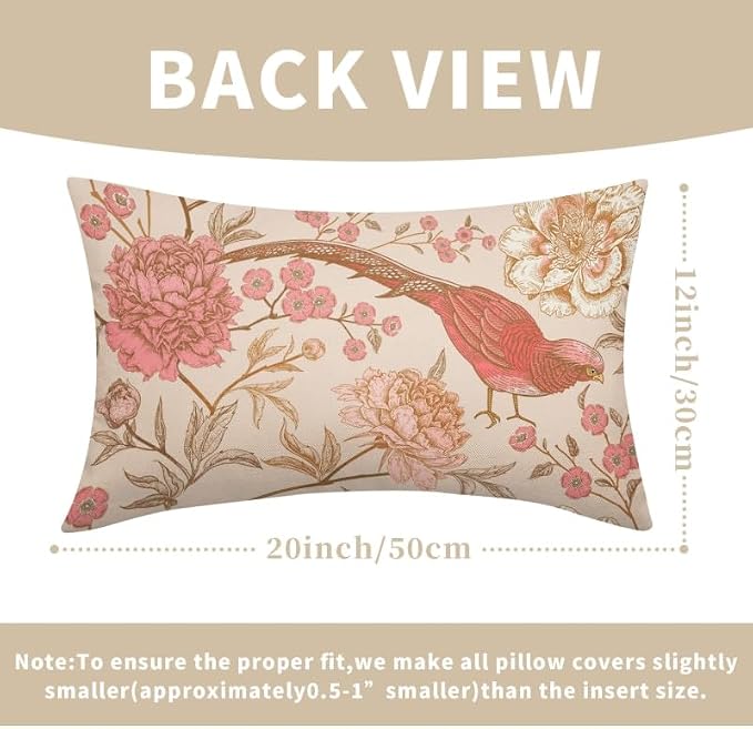 Flowers Birds Lumbar Pillow Covers 12X20 Inch Set of 2 Pink White Roses Floral Leaf Decorative Pillow Cases Art Retro Gold Cotton Linen Cushion Case Vintage Home Decor for Sofa Couch Porch Outdoor