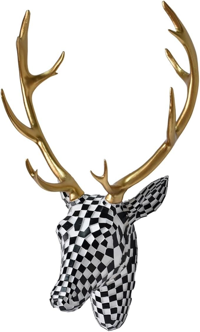 GIGICICI Mosaic Deer Head Wall Decor 15.7x8.7 Inch, Artistic Faux Resin Animal Head Wall Sculpture Hanging for Living Room Bedroom Kitchen Office, Black-White Gift