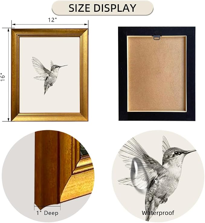 Hummingbird Sketch Wall Art Vintage Gold Framed Artworks for Wall Bird Nursery Canvas Print Neutral Minimalist Picture Painting Bedroom Living Room Decor