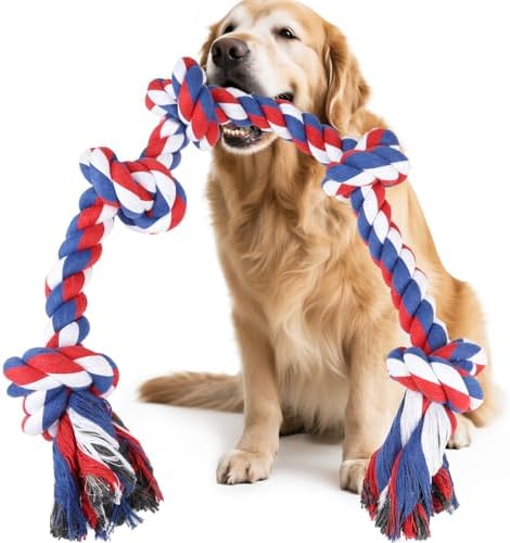 SZEE July 4th Dog Rope Toy for Large Dogs, 37 Inch 5 Knots, Tug of War Rope for Large Breeds, for Energy Release & Boredom Relief, Patriot Pet Toy (Red & Pink)