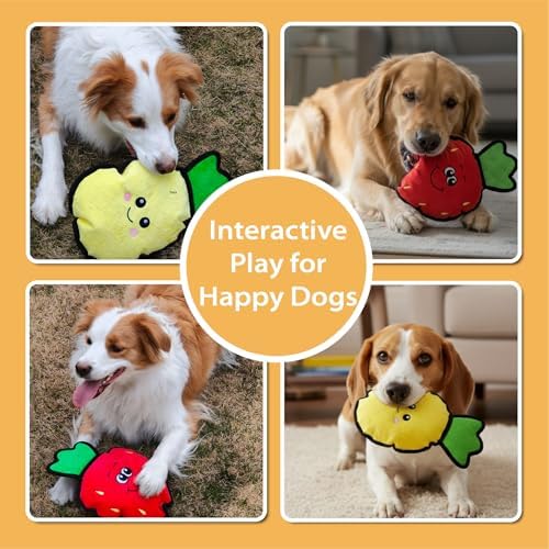 Durable Plush Dog Toys, 2 Pack Pet Squeaky Chew Toys, Double Layer Reinforced Interactive Pet Toys for Aggressive Chewers, Tough Toys for Medium and Large Dogs (Yellow Pineapple+Red Strawberry)