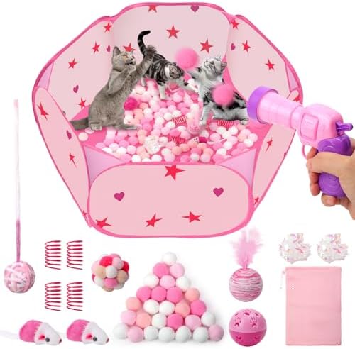 Cat Ball Pit for Indoor Cats, Interactive Toys Set with Pom Pom Launcher