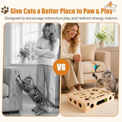 Cat Scratch Puzzle Enrichment Box, Wooden Interactive Toy for Indoor Cat