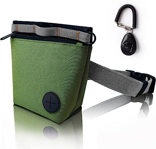 Dog Treat Pouch with Pet Training Clicker, Dog Training Treat Pouch Kit, Magnetic Closure, Hands-Free Training (Green)