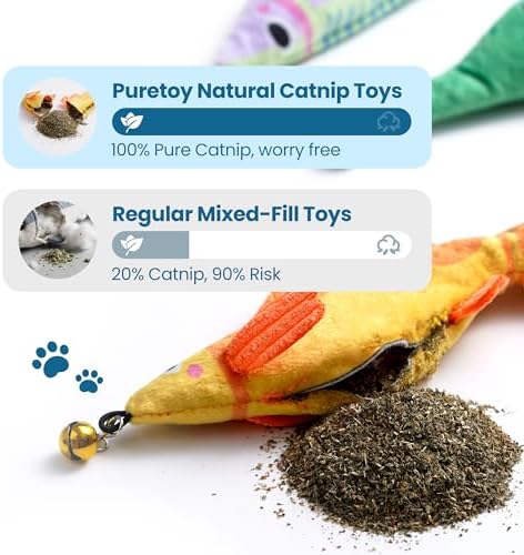 Catnip Toys, [12000mg] Extra Large Toys for Indoor Cats with Removable Bell, 100% Natural North American Catnip Floppy Fish Cat, Crinkle Sound & Soft Cotton-Free Surface