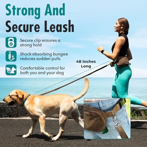 Hands Free Dog Leash with Dog Treat Pouch - Stylish & Trendy Waist Leash for Dog Walking - Wear Around the Waist or Crossbody - Durable & Detachable - Shock Absorbing - Waste Bag Dispenser