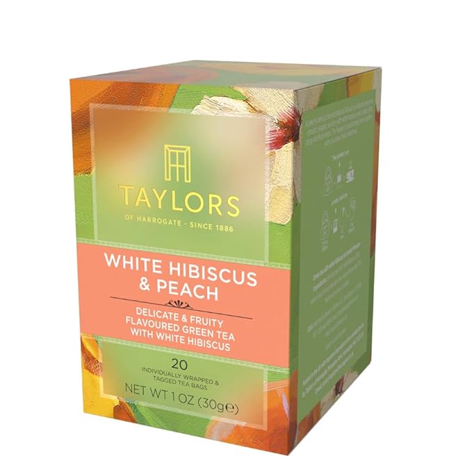 Taylors of Harrogate White Hibiscus & Peach, Green Tea Individually Wrapped Bags, 20 Count (Pack of 1), Delicate, Fruity and Sweet, Caffeinated, Enjoy Hot or Iced, 20 Teabags