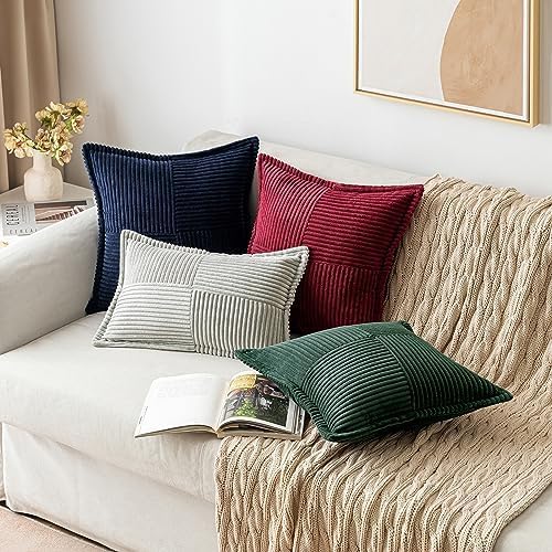 MIULEE Decorative Euro Sham Throw Pillow Covers 22x22 Inch Dark Green | 2 Pack, Boho Broadside Striped Patchwork Pillow Covers, Soft Corduroy Cushion Cases, For Bed Sofa Couch Livingroom Home Decor