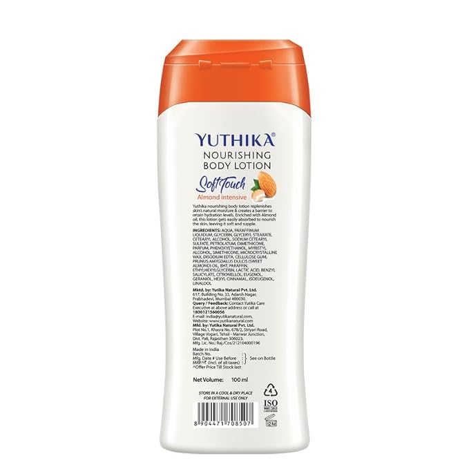 Yuthika Almond Soft Touch Body Lotion for Women & Men, Hydrating, Non-Greasy Moisturizer for Soft, Smooth Skin, All Skin Types (100ml)