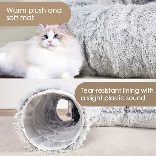 Baseola Fuzzy Cat Tunnel Bed for Indoor Cats, 2-in-1 Interactive Cat Toys