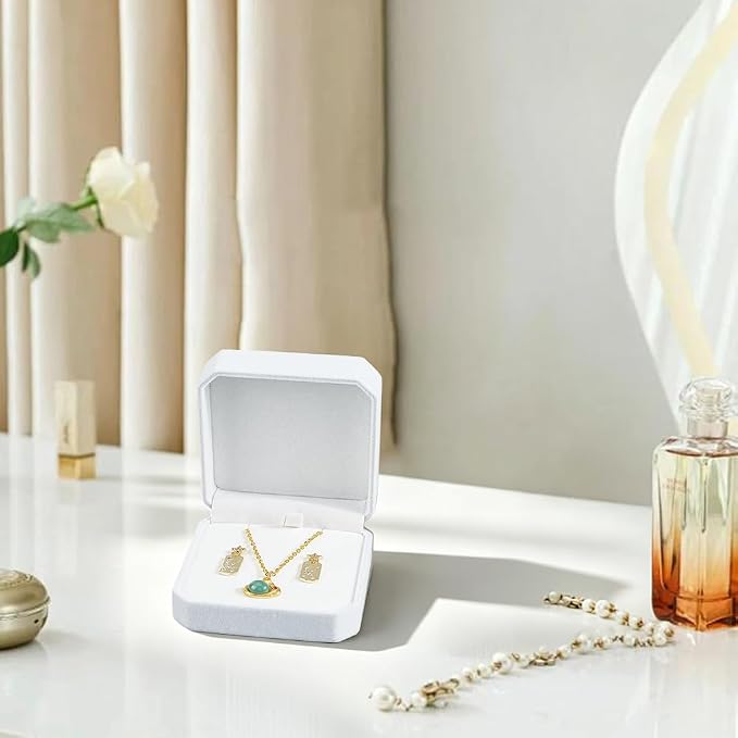 SUNNYCLUE Necklace Earrings Ring Gift Box Velvet Jewelry Set Box 3.6x3.6x1.7 Inch White Pendant Necklaces Organizer Storage Display Case for Bracelet Earring Ring Wedding Engagement Birthday Traveling
