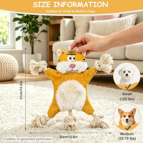 No Stuffing Crinkle Squeaky Dog Toy for Small Medium Puppies,（Tiger）