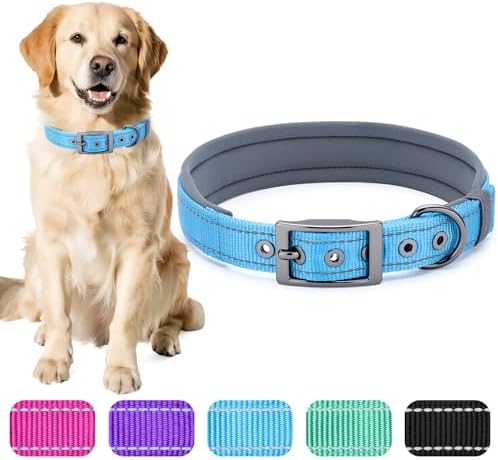Segarty Reflective Cute Dog Collar for Large Dogs, Adjustable Wide Soft Comfortable Breathable Neoprene Padded Nylon Collar with Heavy Duty Metal Buckle for Large Medium Breeds (L, Light Blue)
