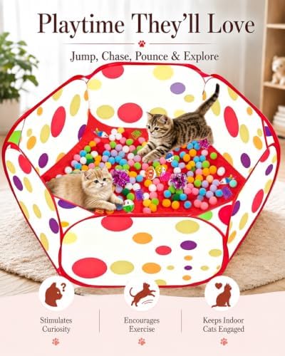 Cat Ball Pit with 227 Pcs Interactive Cat Toys, Enrichment Toys for Bored Indoor Cats Self Play, Include Pom Pom Balls Jingle and Crinkle Balls, Springs and Mice Toy for Kitten Fun and Exercise