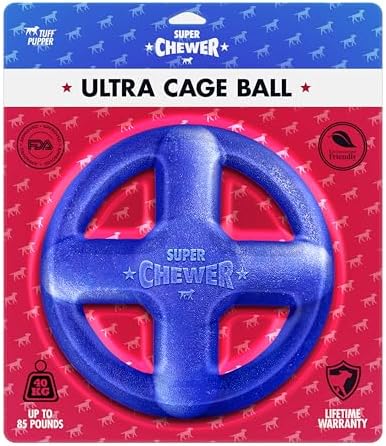 SuperChewer Tough Dog Cage Ball Toy | Lifetime Replacement | Strong Natural Rubber | Great Dog Fetch Toy | Chew Toys for Dogs | Ultra Durable Chew Toys fsor Aggressive Chewers | For Large Breeds