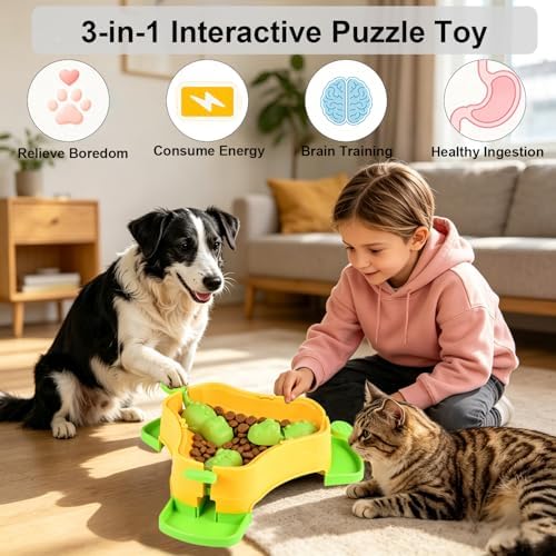 Dog Cat Treat Dispenser Slow Feeder Toy, 3-in-1 Interactive Dog Puzzle Press Toys, Dog Enrichment Toy No-Slip Interactive Brain Training Toys for Smart Dog Cats (Yellow/Green)