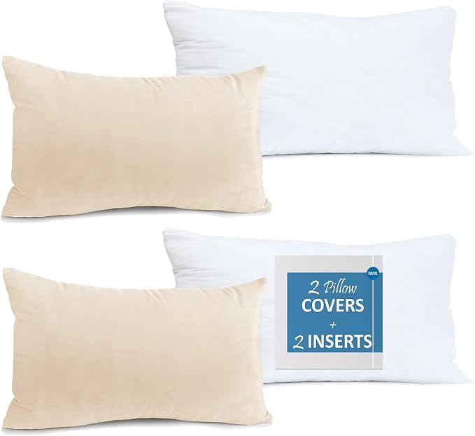 Throw Pillow Inserts Pack of 2 with Velvet Soft Solid Decorative Square Throw Pillow Covers Set for Sofa Couch Car Bedroom, 12X20 Throw Pillows Inserts with 12x18 Washable Cushion Covers, Beige Cream