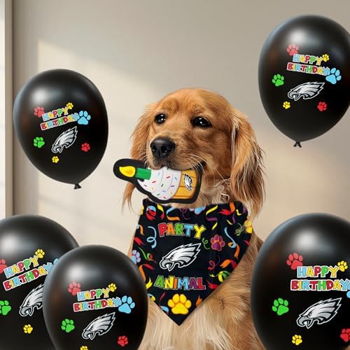 NFL Philadelphia Eagles Dog Birthday Party Set 8pcs with 1 Football Bandana Large/X-Large, 1 Birthday Cake Toy & 6 B-Day Balloons, Dog Birthday Set, Costume, Fun Doggie Party Accesories