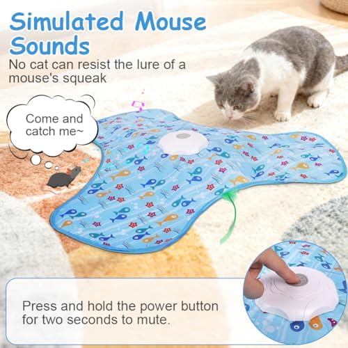 Interactive Cat Toys for Indoor Cats, Automatic Hide and Seek Cat Toy, Moving Concealed Feathers, Mouse Squeaky, Rechargeable Touch Activated Exercise Toys for Kitten Bored Adult Cats, 3 Modes