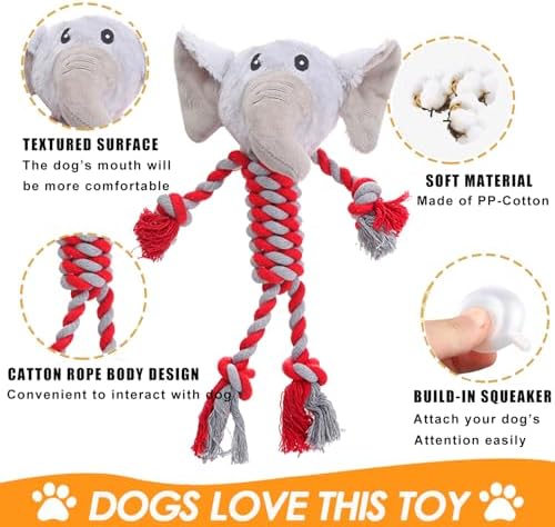 Elephant Rope Dog Toy, Plush Raccoon Squeaky Dog Toy, 2 Pack