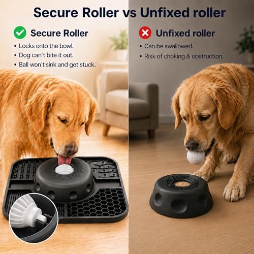 Dog Lick Bowl with Interactive Rolling Ball and Lick Mat, Leak-Proof One-Piece Slow Feeder for Liquid Thick Treats, Anti-Choking Oval Ball Calming Dog Enrichment Toy, Anxiety Relief