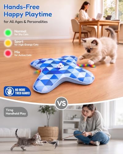 PetBusy Smart Interactive Cat Toys for Indoor Cats Chasing and Pouncing Fun | [Week-Long] Rechargeable Battery, Smart Standby Touch Activated, Automatic Hide &Seek with Rainbow Tail for Hands-Free Play