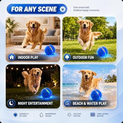 Smart Interactive Dog Ball, Automatic Rolling with LED Glow, E-TPU Dog Ball, Toy for Dog