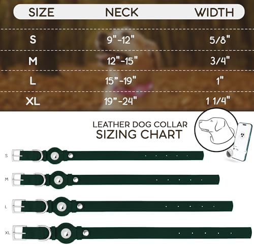 Leather Dog Collar with Airtag Holder - Apple Air Tag Dog Collars - Soft Tracking GPS Pet Collar for Small Medium Large Dogs Breed Puppy (Green, XL, 19"-24" Neck Fit)