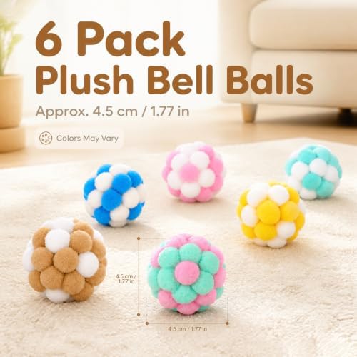 Cat Pom Pom Balls with Bells, 6 PCS Soft Fuzzy Cat Toy Balls, 1.77in Colorful Interactive Kitten Chew Scratching Toys, Lightweight Indoor Outdoor Play Balls for Kittens & Indoor Cats