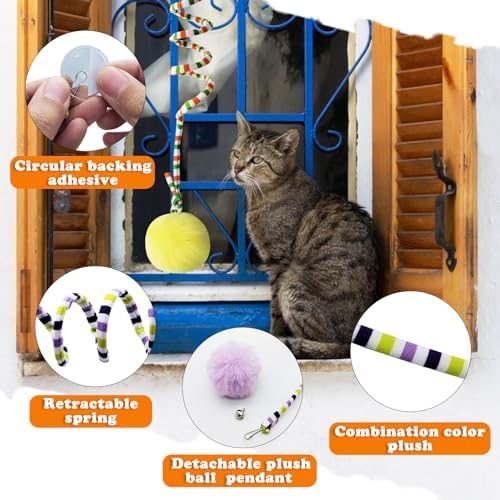Andiker Cat Spring Toy, Self-Play Stretchable Door Hanging Cat Toy with Bell for Indoor Interactive Cat Toy, Soft Plush Ball with Spring Kitten Toy for Cat Kitten Playing Exercising (Yellow+Blue)
