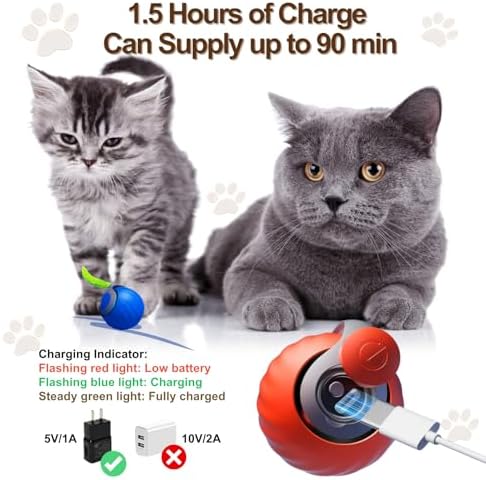 Interactive Cat Ball for Indoor Cats - Dual-Speed Automatic Rolling Ball Toy with 90Min Run Time, Plush + Feather Tails, Energetic Cat Chase Exercise, Blue/Orange, 1PC