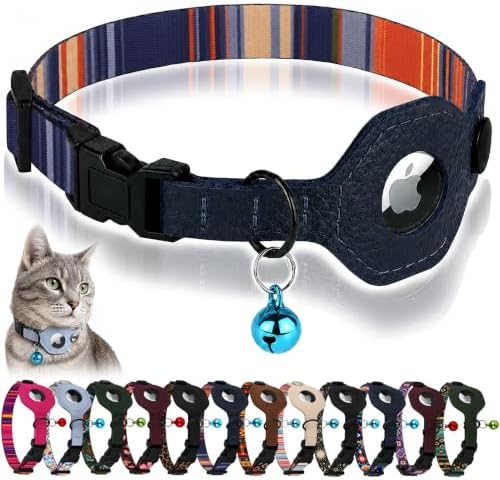 Breakaway Cat Collar with Leather AirTag Holder & Bell - Apple Air Tag Cat Collars for Girls & Boys, Lightweight Anti-Lost GPS Tracker Design, Printed Pattern - Safety and Adjustable (Multicolor)