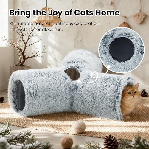 Tempcore Plush Cat Tunnel, 3-Way Collapsible Toy for Indoor Cats, Grey