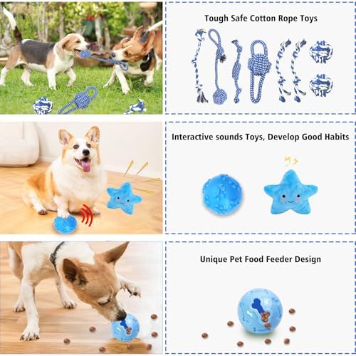 MRSOHRET Upgraded 21Pcs Puppy Chew Toys - Blue Puppy Chew Toys Bundle for Teething, Puppies Teething Toys with Durable Rope Rubber Ball, Pet Interactive Toys for Small Medium Dogs with Basket