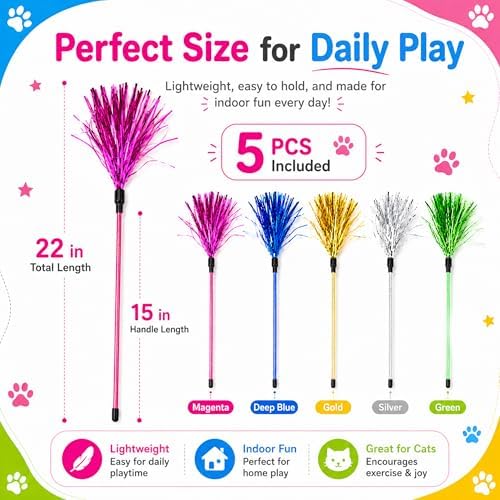 ADUCK Tinsel Cat Wand Toys for Indoor Cats, Interactive Kitten Toys, 5 Pack