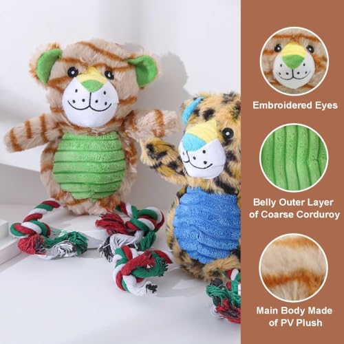Tiger Plush Dog Toy with Rope and Squeaker for Small Medium Dogs