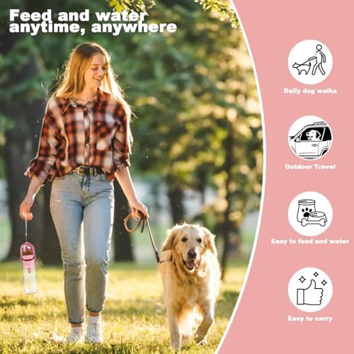 Pink Large Portable Dog Water Bottle with Food Container