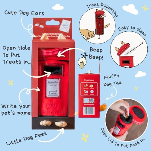 British Postbox Treat-Dispensing Soft Plush Squeaky Pet Toy - Iconic UK Enrichment Gift, Durable Cute & Fun Toy for Interactive Play, Hide Food for Nose-Work Puzzle, Small Medium Dogs