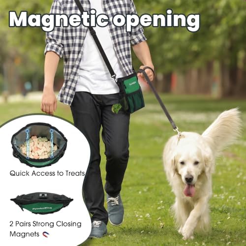 Dog Treat Pouch, 4 Cup Training Bag, Magnetic Closure, 3 Way Wear, Green | 600D waterproof Oxford fabric, multi pocket storage, zipper and mesh pockets, pull out poop bag dispenser, includes 2 rolls