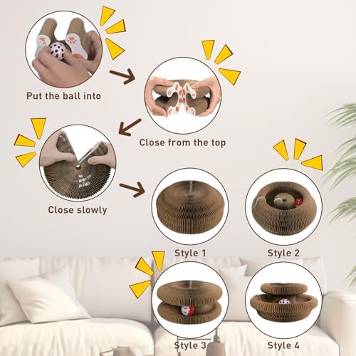 Cat Scratcher Board Foldable with Bell Ball, Interactive Mental Physical Exercise for Indoor Cats Toy, 3-in-1 Magic Organ Cat Toy Protects Furniture, Corrugated Cardboard Scratching Pad