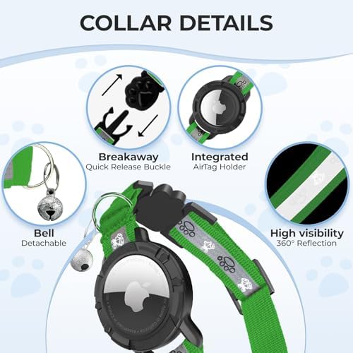 Breakaway AirTag Cat Collar, Reflective Cat Tracker Collar with Bell | Built in AirTag Holder, Adjustable 8.5-12in for Cats, Kittens and Puppies, Safety Elastic Band, Reflective for Night Walking