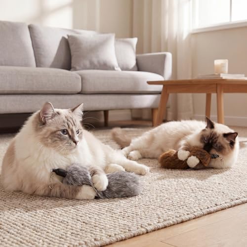 6 Pack Natural Rabbit Fur Cat Toy Refills Silent Cat Wand Toy Attachments Interactive Handmade Replacement Heads with Secure Connector