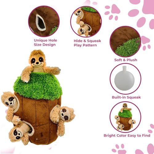 Glow Pups Hide and Seek Dog Toy, Interactive Burrow Dog Toy with Squeaker, Plush Sloth in Tree Trunk, Promotes Mental Stimulation, Easy to Clean, Small 8 x 5.5 inches, Brown (Small Sloth Tree)