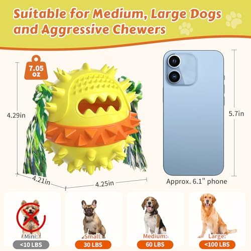 Dog Chew Toys Floating 4" Squeaky Ball for Aggressive Chewers Toothbrush Teething Cleaning Toys Outdoor Swimming Interactive Tough Toys with Treat Dispenser Ball for Medium and Large Dogs