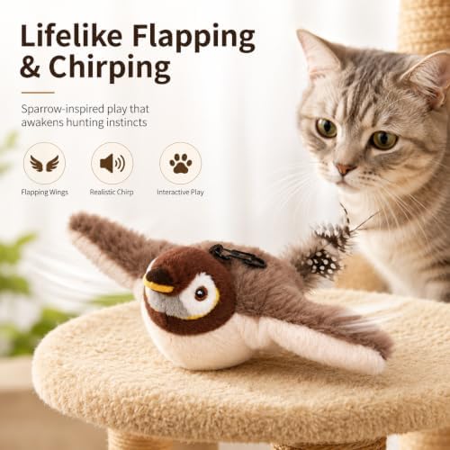 Interactive Chirping Bird Cat Toys with Flapping Wings, No Flying Birds Cats Toy, Simulation Electric Sparrow Shaking Bird Hunting Cat Toy for Indoor Cats (#C)