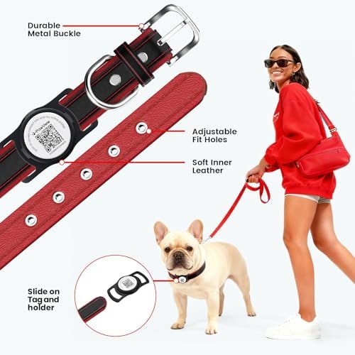 French Bulldog Leather Dog Collar with Holder for AirTag, Gift Set with 3 Frenchie QR Code Dog Tags (Dual Safety) & 2 Sticker Sheets, Personalized Accessories for Safety,Black,M