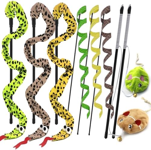 Interactive Cat Toy Wand with Catnip Mouse, Cat Teaser Wand Rainbow String for Bored Indoor Adult Cats and Kittens (8 Pack)