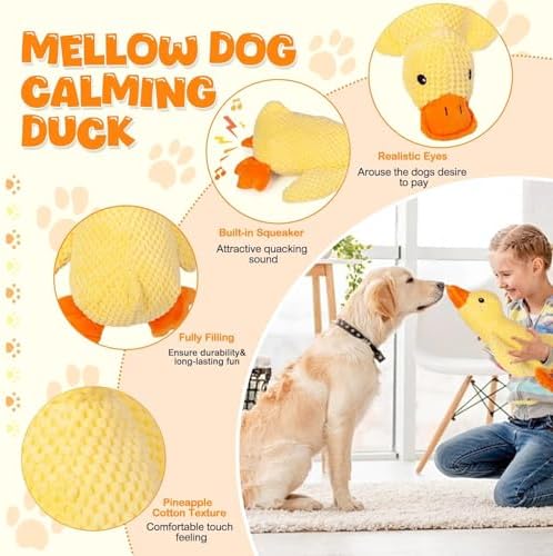 Duck Dog Toy for Aggressive Chewers, Calming Duck Toy for Dogs with Quacking Sound, Mellow Dog Calming Pillow, Safe and Durable(Yellow 17.7in)