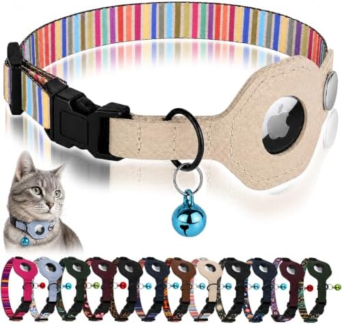 Breakaway Cat Collar with Leather AirTag Holder & Bell - Apple Air Tag Cat Collars for Girls & Boys, Lightweight Anti-Lost GPS Tracker Design, Printed Pattern - Safety and Adjustable (Serape)